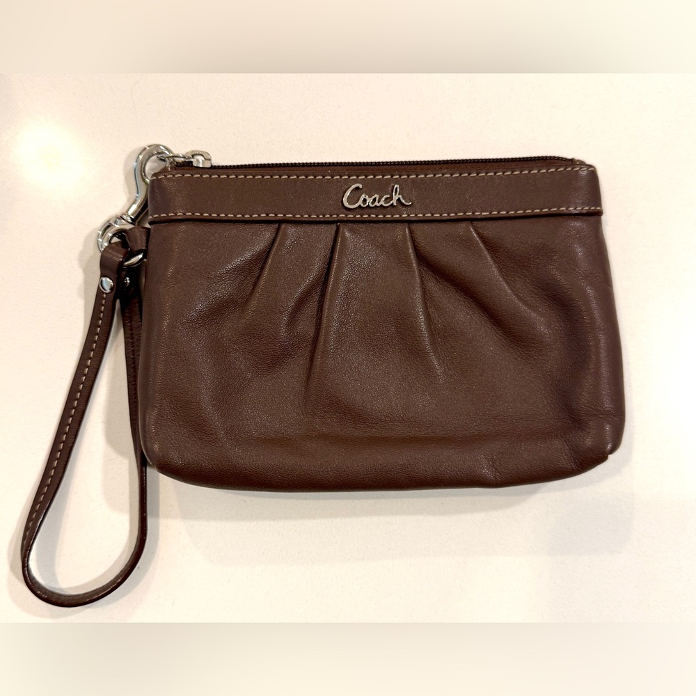 COACH Chocolate Brown Leather Pleated Wristlet